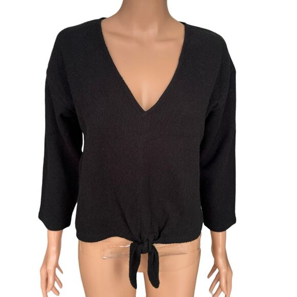 Madewell Texture & Thread Tie Front Top Womens Black Ribbed 3/4 Sleeve Sz M NWT - Picture 2 of 9